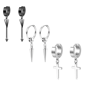 Three pairs of black and silver stainless steel earrings with cross and arrow pendants