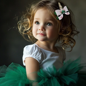 Detail of glitter unicorn bow hair clip with green leaves on young girl with curly hair