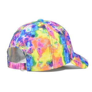 Macro view of a colorful tie-dye baseball cap with an adjustable metal buckle back closure