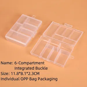 Macro view of 6-compartment transparent plastic storage box showing dimensions 11.8x8.1x2.3cm