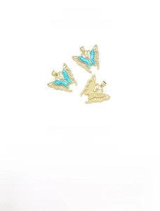 Detail of 18K gold plated hollow butterfly pendant with blue opal and cubic zirconia
