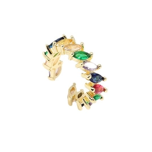 Adjustable gold plated ring with colorful teardrop zircon stones in a slanted row