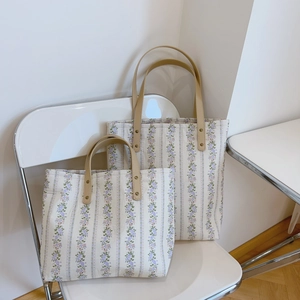 Floral Tote Bag Cotton Canvas Purple Flower Stripe Large Capacity French Vintage Shoulder Handbag With Leather Handles