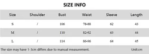 Size chart for striped long sleeve top with S M L measurements in centimeters