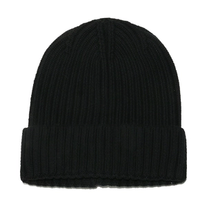 Close-up of black rib-knit winter beanie showing detailed elastic cotton texture