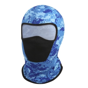 Detail of blue digital camouflage mask with breathable black mesh panel for outdoor riding