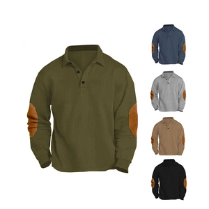 Men's long sleeve Polo shirt featuring waffle texture and contrast elbow patches
