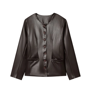 Women Faux Leather Jacket Round Neck Button Closure Long Sleeve Outerwear With Pockets French Retro Minimalist Style