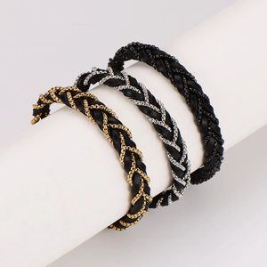 Men's woven leather bracelet with stainless steel chain in black, gold, and silver