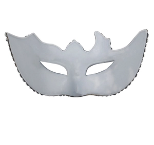 Close-up of grey Halloween masquerade mask with ornate textured edges and rhinestone details