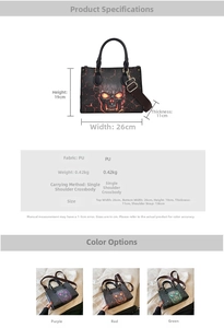 Detailed view of skull tote bag measurements and adjustable strap on faux leather