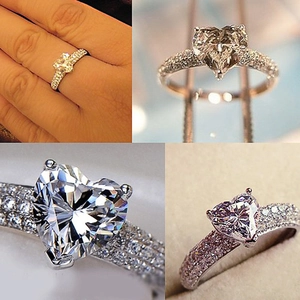 Elegant heart-cut zircon engagement ring with pavé diamond band for women shown in multiple angles