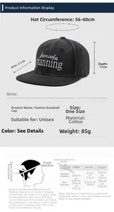 Size chart showing 56-60cm circumference and measurements for the black hip-hop cap