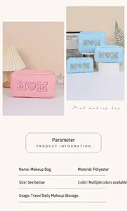 Detail van roze en blauwe polyester make-uptassen met glinsterende MOM-patches