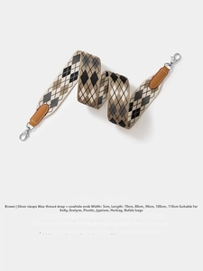 Detail of 5cm wide woven bag strap with brown leather ends and silver metal carabiner
