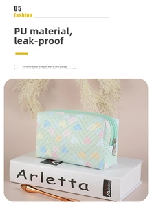 Detail of mint green heart-patterned PU makeup bag with metal zipper and V-quilting