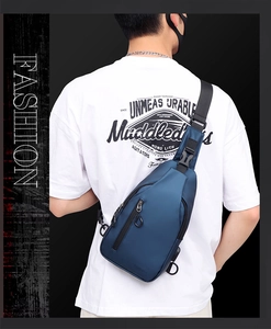Rear view of a blue waterproof nylon chest bag worn by a model for outdoor sports style