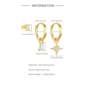 Detailed size parameters and S925 silver specifications for the gold star earring set