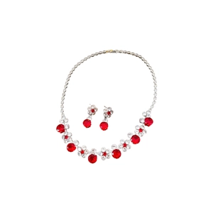 Elegant zircon flower jewelry set with necklace and drop earrings in red and silver