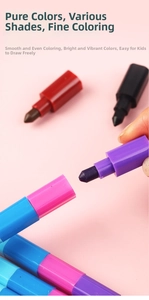 Close-up of stackable building block crayons with colorful bullet tips on pink background