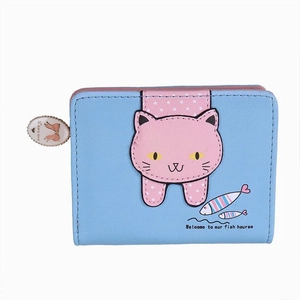 Cute sky blue cartoon cat wallet for women with zipper closure and compact short design