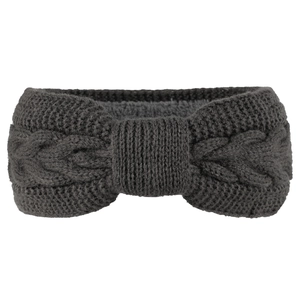 Close-up of dark grey knitted headband with cable knit texture and bow knot detail