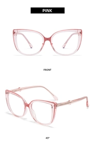 Front and side views of pink cat-eye fashion glasses with transparent frame details