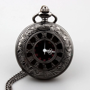 Men Retro Pocket Watch Necklace Alloy Carved Flower Roman Numeral Quartz Movement Vintage Pendant Jewelry Accessory