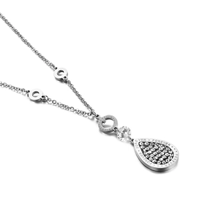 Silver leaf-shaped titanium steel necklace with zircon water drop pendant engraved Forever