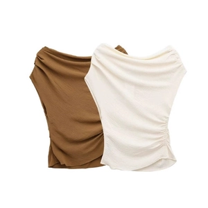 Women Sleeveless Ruched Side Cami Top Cowl Neck Asymmetrical Shoulder Crepe Texture Slim Fit Elegant Solid Color