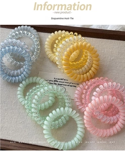 Macro shot of colorful spiral telephone wire hair ties in various macaron pastel colors