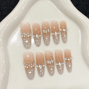Handmade Press On Nails Sparkling Rhinestone Gradient Nude Silver Long Almond Luxury Goddess Manicure Fake Nails