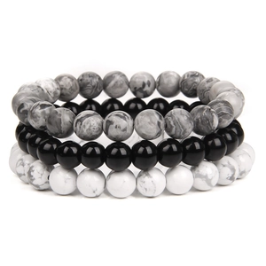 Three-piece natural 8mm beaded bracelets in grey, black, and white stone textures