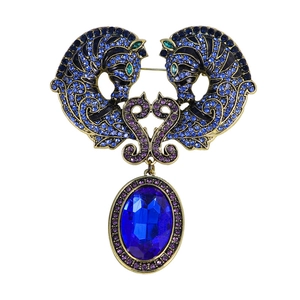 Luxurious retro double horse head brooch with blue and purple rhinestones on gold metal