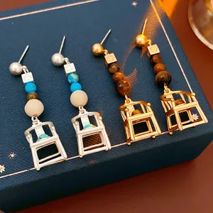 Vintage Miniature Chair Drop Earrings With 925 Sterling Silver Earring Post Copper Tiger Eye Turquoise Retro Jewelry