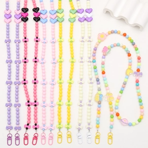 Sweet Candy Color Heart Bow Beaded Phone Chain Crossbody Lanyard Acrylic Bead Phone Case Charm Bag Pendant For Women