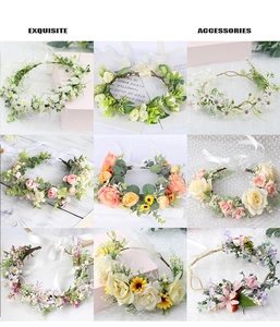 Detailed grid of nine floral headbands with realistic silk flowers and ribbon ties