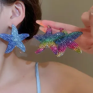 Sea Star Dangle Earrings Rhinestone Alloy With 925 Sterling Silver Earring Post Gradient Rainbow Summer Beach For Women