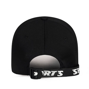 Black cotton baseball cap back view with white SPORTS printed adjustable strap buckle