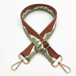 Adjustable nylon shoulder strap with colorful mountain pattern and gold metal hooks