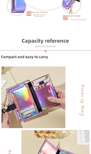 Detail of iridescent slim card holder featuring multiple slots and a floral zipper charm