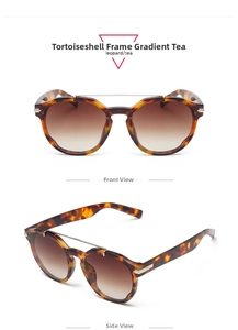 Detail view of retro tortoiseshell sunglasses with double bridge and brown gradient lenses