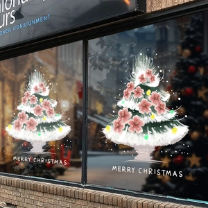 Christmas Window Clings Pink Flower Xmas Tree Static Cling PVC Sticker For Glass Door Shop Decor Winter Decoration