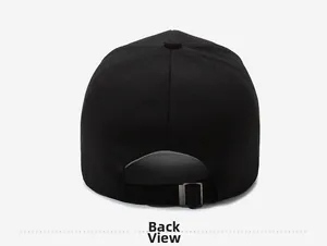 Detail view of the black cotton baseball cap back with adjustable silver metal buckle