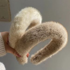 Faux mink fur wide headband in cream and grey colors for women's autumn winter style