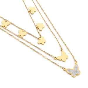 Polished gold multi-layer necklace featuring butterfly charms and rhinestone pendants