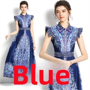 Detail of blue bohemian print dress showing lapel collar and ruffle sleeve craftsmanship