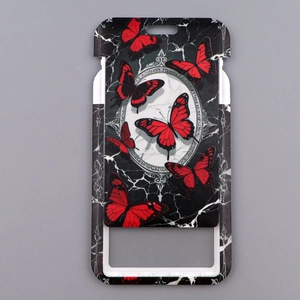 Detail view of slide-cover card holder with black marble and red butterfly patterns