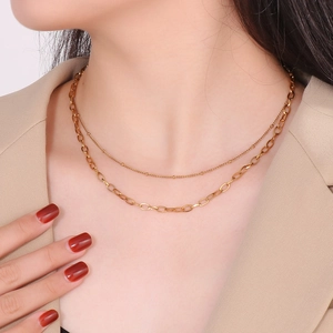 Double Layer Necklace Stainless Steel 18K Gold Plated Oval Paperclip Chain Bead Jewelry Geometric Minimalist For Women