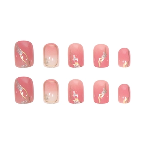 Set of 10 pink gradient press-on nails with gold glitter lines and square oval tips